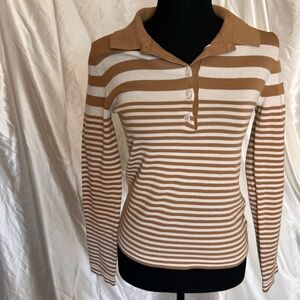 Moon River Tan and White Striped Button Down Shirt